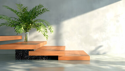 Modern wooden staircase with plant, sunlight on concrete wall; interior design mockup