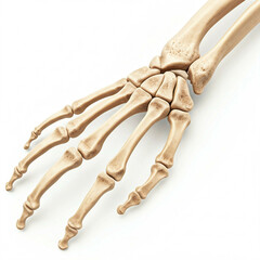 realistic 3d render of a human hand skeleton on a white background