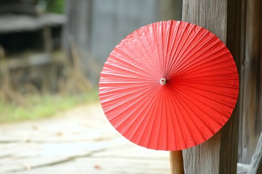 Vibrant Red Paper Umbrella Leaning Against a Wooden Post in a Serene Outdoor Setting, Showcasing Traditional Asian Craftsmanship and Decorative Elements - Powered by Adobe