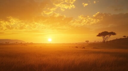Fototapeta premium A breathtaking sunrise in the Serengeti, with golden rays illuminating the vast savannah and acacia trees silhouetted against the horizon.