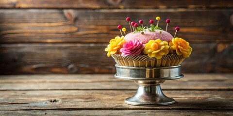 An old metal cupcake holder is filled with a charming floral pincushion, its soft petals in shades of pink and yellow, set against the warmth of wooden accents , floral, warmth