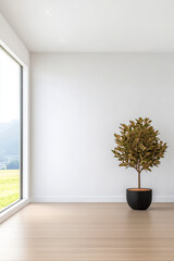 Modern interior with a potted tree by a large window showcasing a scenic view outside