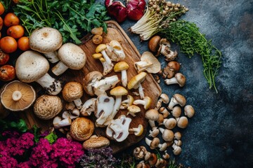 Assorted Mushrooms and Vegetables on Wooden Board