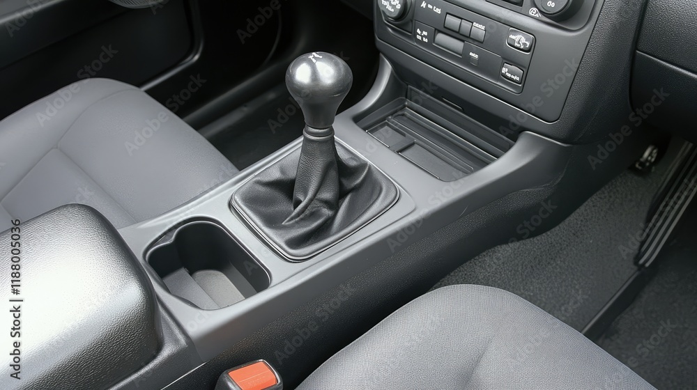 Poster an automatic gear shift with a sleek metallic finish in a high-performance car.