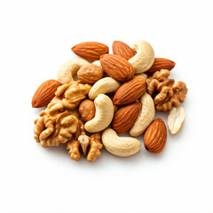 close up of various nuts and almonds on a white background