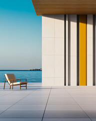 Modern architectural design by the sea with minimalist furniture and vibrant colors
