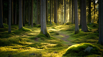 Obraz premium Sunshine Through Forest Path Morning Dawn Trees Nature Beauty 