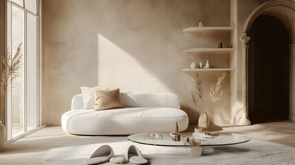 Elegant Living Room with Beige and Cream Accents, 3d rendering