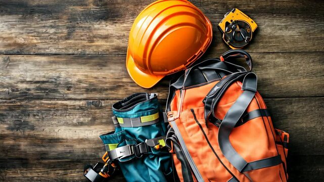 Safety gear arranged on a wooden surface includes hard hat, harness, and tools for construction work