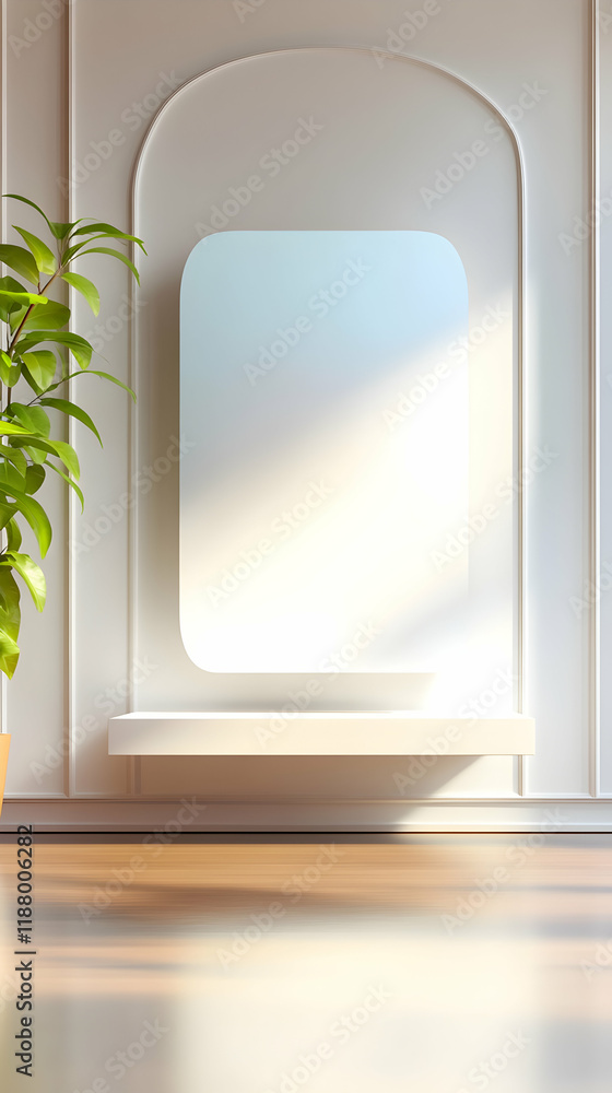 Poster sunlight illuminates a blank vertical poster on a minimalist shelf in a bright room; ideal for produ