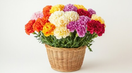 A bouquet of carnations in different colors arranged in a wicker basket.