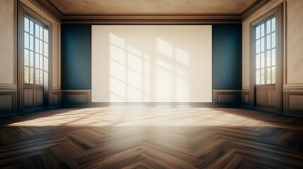 Obraz premium Sunlit empty room, classic interior design, large blank canvas, hardwood floor, perfect for advertisement