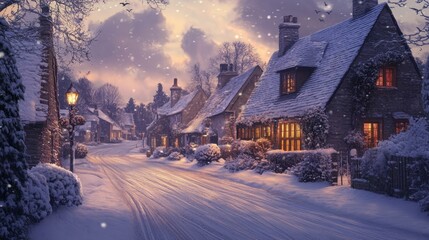 Fototapeta premium A calm village street blanketed in snow at dusk, with warm light spilling from windows, evoking a peaceful and comforting winter atmosphere.