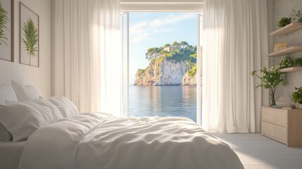 A bright and airy bedroom with white walls and a window framing a tropical island.
