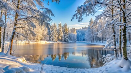 Snowy forest landscape with tall trees covered in white snow, bare branches and a frozen lake in the background, cold