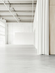 Fototapeta premium Spacious interior of a modern minimalist studio with natural light and soft curtains