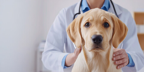Pet health concept, A veterinarian examines a Labrador puppy in a bright clinic setting, showcasing care and professionalism.