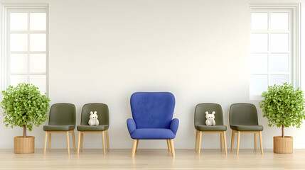 Fototapeta premium Waiting room with blue armchair, plants, and rabbits. Interior design, calm atmosphere, space for text overlay. Use for healthcare, therapy, or waiting area websites