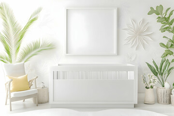 White crib in minimalist nursery, plants, mock-up frame; for interior design blogs or baby product websites