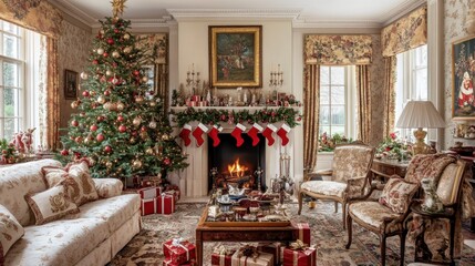 A charming Christmas living room featuring a tree adorned with red and gold ornaments, wrapped gifts, and a cozy fireplace with stockings hanging.