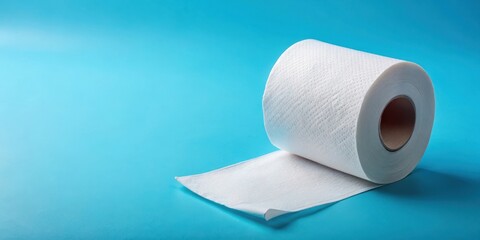 Fototapeta premium A single roll of toilet paper unrolled on a blue background with individual sheets visible in various states of use and unwinding , hygiene, home maintenance