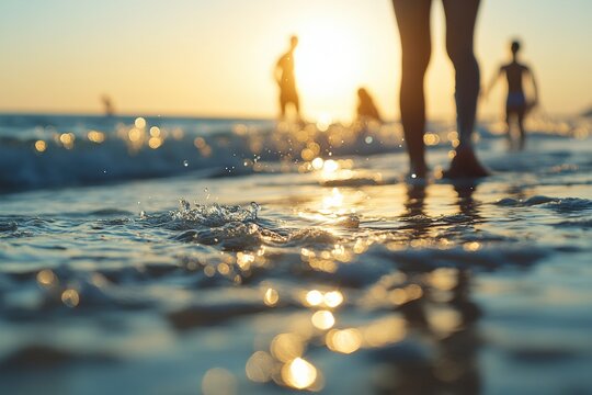 Casual beach gathering at sunset ocean shore nature photography relaxing atmosphere low angle view serene moment - Powered by Adobe
