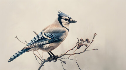 Intricately Detailed Drawing of a Jay Bird Perched on a Branch with Fine Feathers and Natural Markings