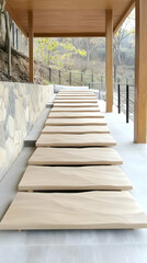 Obraz premium Wooden planks path leading to tranquil hillside garden, serene background. Ideal for relaxation, spa, or zen garden imagery