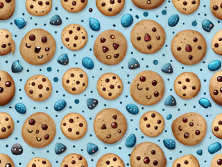 Obraz premium Cute Chocolate Chip Cookies with Blue Confetti on a Blue Background.