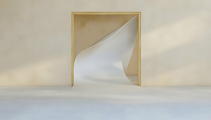 Abstract art curved white paper emerging from a minimalist doorway, sunlit wall background. Ideal for interior design, websites, or modern art projects