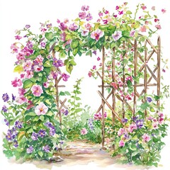 Fototapeta premium A vibrant floral archway adorned with colorful blossoms in a serene garden setting.