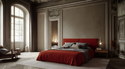 Luxurious Bedroom with Grand Red Bed and Classic Decor, 3d rendering