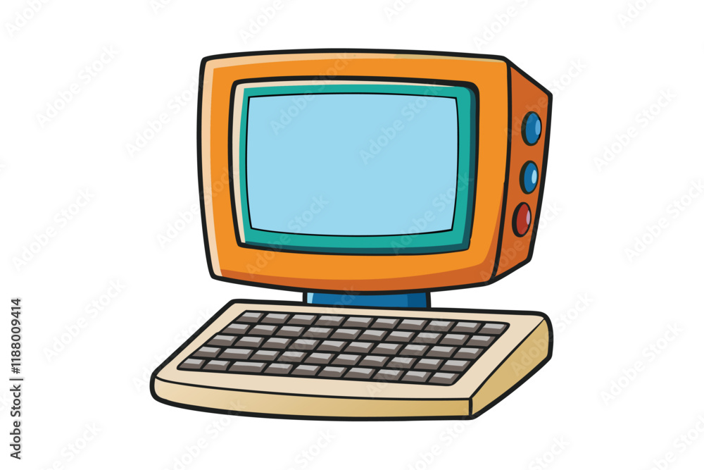 Wall mural flat vector icon of a retro desktop computer with vibrant tones, ideal for tech related designs, bra