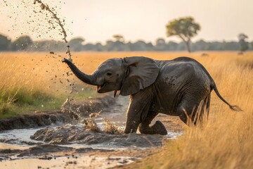 Obraz premium Playful Baby Elephant Splashing in Mud African Safari Wildlife