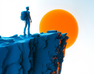 Adventurer gazing at a vibrant sunset from a rocky cliff edge with an expansive view of the horizon