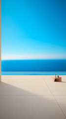 Fototapeta premium Expansive view of serene seascape from a modern terrace in bright daylight