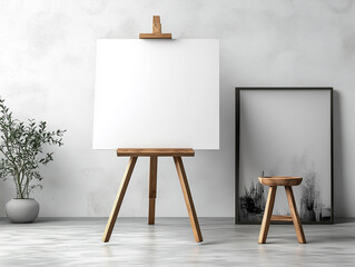 Empty canvas on wooden easel with stool in modern art studio featuring minimalist decor and natural light