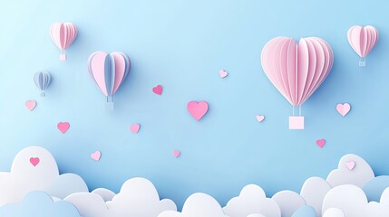 Valentine’s day paper cut style border frame design with origami hearts, air balloons, and clouds for website, sale banner, flyer, or poster