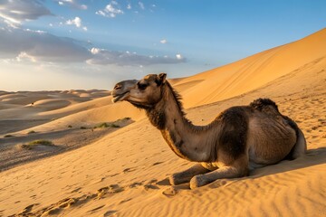 Camel Resting in Desert Dunes at Sunset Wildlife Photography