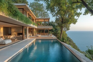 Fototapeta premium This stunning house with a swimming pool by the sea showcases modern architecture surrounded by lush greenery, offering a serene escape by the water.