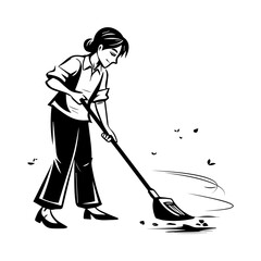 A hand drawn illustration of maid sweeping the floor