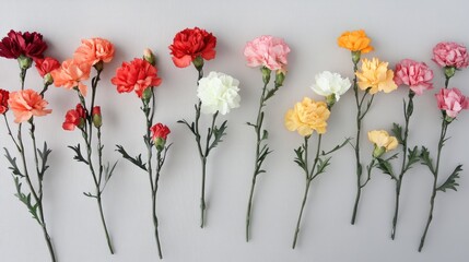 Obraz premium A collection of carnations in different colors lying flat on a white surface.
