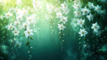 White flowers hanging in sunlit misty forest background.