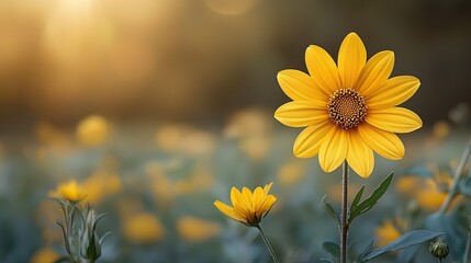 Obraz premium Yellow Flowers Blooming In Soft Sunlight