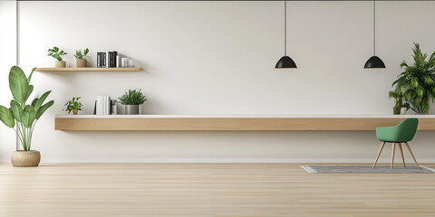 A spacious room features a light wooden shelf and a decorative wall with various plants