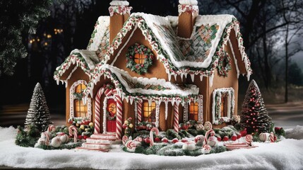 A charming gingerbread house decorated for Christmas with bright icing, candy canes, and a snowy roof, creating a perfect holiday setting.