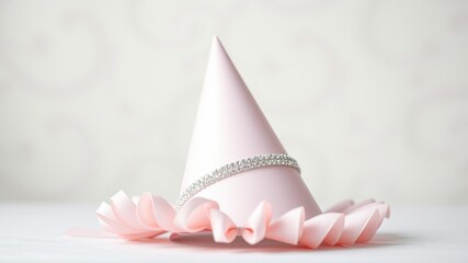 Naklejka premium Pink party hat with rhinestones and a delicate pink ribbon bow resting on a white surface