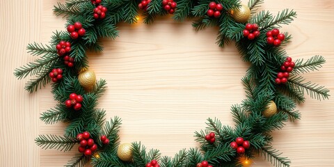 Fototapeta premium Festive Evergreen Wreath with Red Berries and Gold Ornaments on a Wooden Background