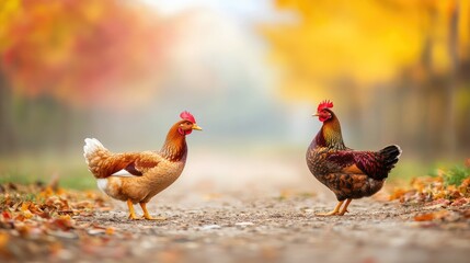 A duck and chicken facing each other on a dirt path with a blurred farm backdrop.