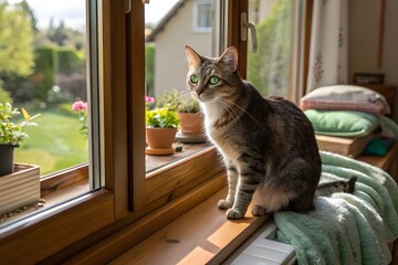 Cute tabby cat sitting on window sill sunny day green eyes